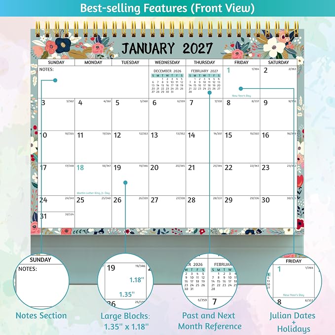 Desk Calendar 2026-2027 - Standing Flip Desktop Calendar 2026-2027, 18 Months(July 2026 - December 2027), 10" x 8", Large with Notes, To-dos, Yearly Overview, Thick Paper, Great for Easy Planning