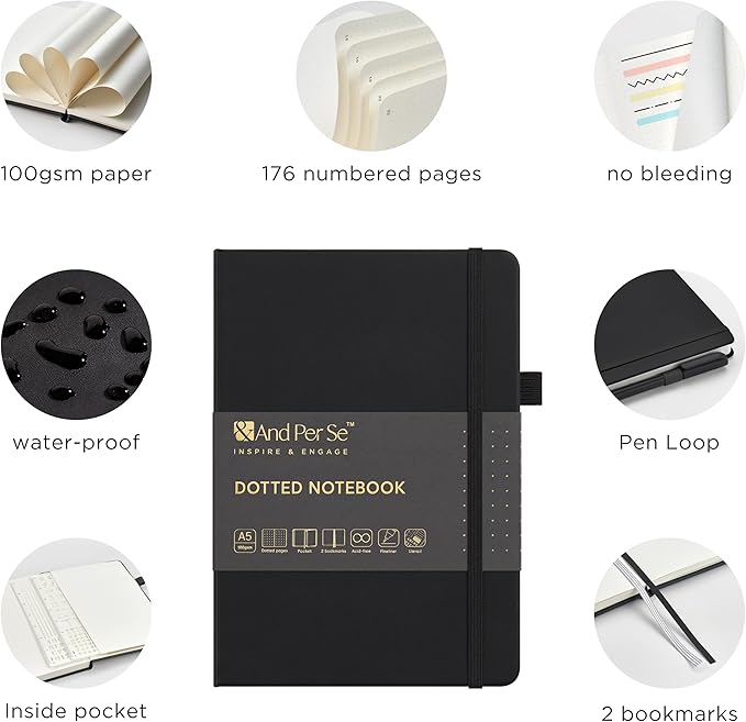 &And Per Se A5 Hardcover Dotted Notebook Kit for Beginners – 176 Numbered Pages, 100gsm Thick Paper, Includes Stencils & Fineliner Pen | Leather Bullet Journal with Templates, Lay Flat Design, Premium Gift for Women Men (Black)