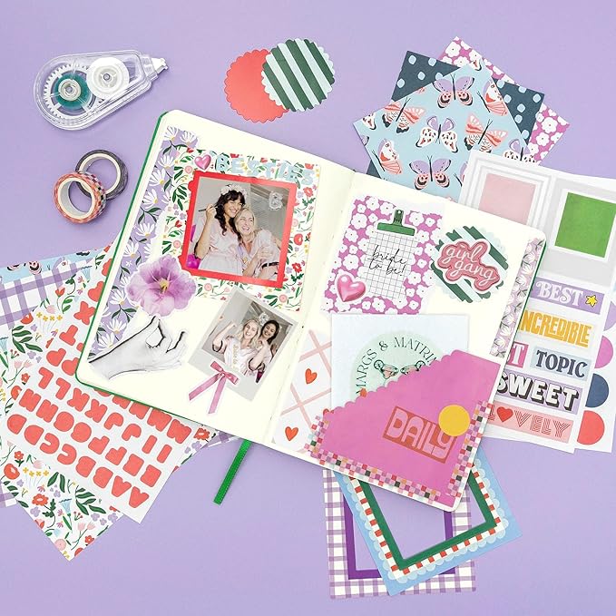 PAPERAGE Junk Journal & Scrapbook Kit, Hardcover Blank Journal Notebook, 20 Patterned Papers, 8 Sticker Sheets, 20 Die-Cut Shapes, 2 Washi Tapes & Tape Roller, Creative Journaling Supplies - Green
