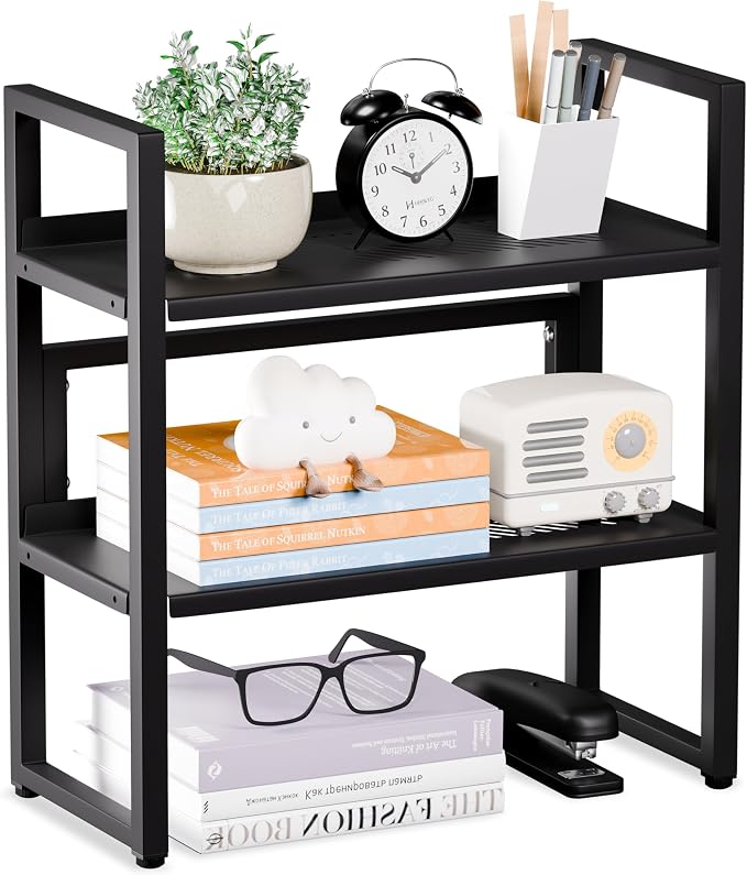 Brakki Desk Shelf Organizer, 2-Tier Desktop Bookshelf, Small Office Shelf | Adjustable Shelf, Metal Desktop Rack for Dorm, with Foot Mat, Multi-Functional Organization, Black