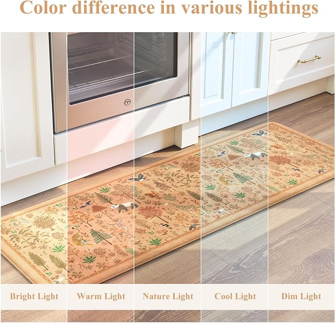 KIMODE Kitchen Floor Mats for Floor Cushioned Anti Fatigue,Rugs Sets of 2 | 17.3"x47"+ 17.3"x29",Orange Light Brown,Animal Forest Kitchen Rug,Padded Memory Foam Under Kitchen Sink Mat for Laundry Decor