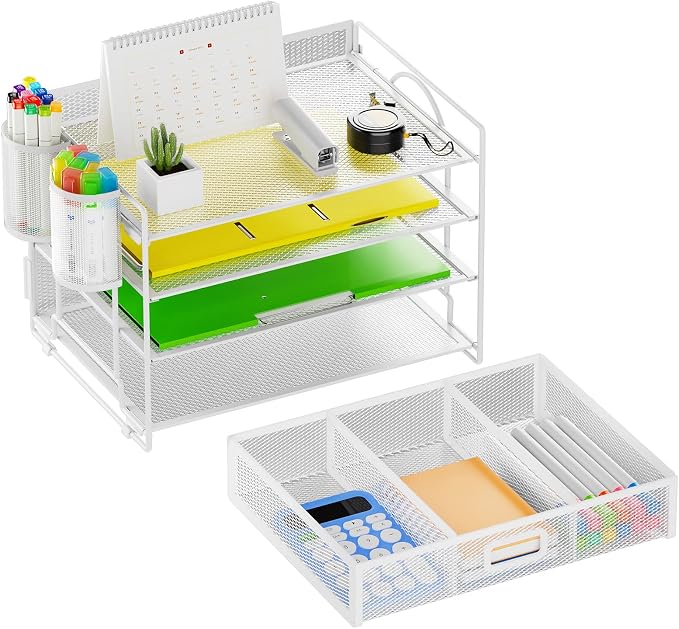 Marbrasse Desk Organizer, 4-Tier Paper File Letter Tray, White | Sturdy Paper Tray, File Holder, Built-in Drawer, 2 Pen Slots, fits Letters/Files, for School Home Office Supplies
