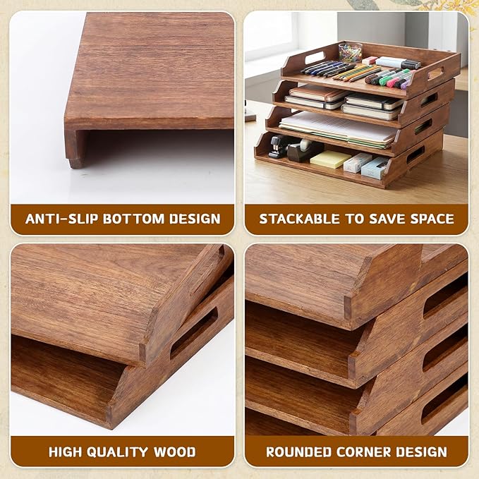 4 Pcs Stackable Paper Tray Bamboo Wood Desk Organizer Letter Tray 4 Tier Wooden File Organizer Desk Shelf for Documents, Letter Sorter, Envelopes and Magazine Holder