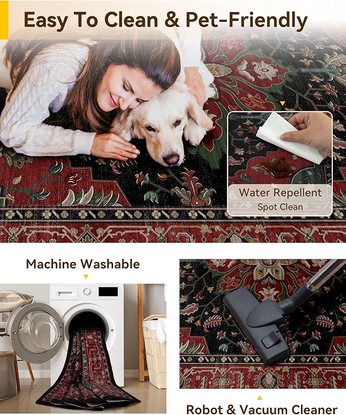RELEANY Area Rugs Runner 2'x5' Washable Non-Slip, Floral Vintage Distress Medallion Carpet for Kitchen Hallway Bedroom Beside Laundry Room Bathroom, Red Black