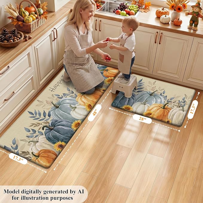 HEBE Fall Kitchen Mat Set of 2, Anti Fatigue Pumpkin Kitchen Mats for Floor | Cushioned Non Slip Autumn Kitchen Rugs and Runner Set, Waterproof Sunflower Maple Leaf Floor Carpet for Harvest Thanksgiving