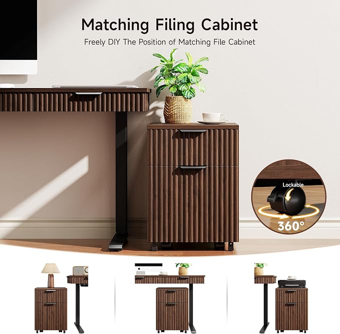 55" Electric Standing Desk with File Cabinet,Height Adjustable Desk,Walnut | Standing Desk with Drawers, Roilling Filing Cabinet, File Cabinet with Drawers, Adjustable Desk for Home Office, Work, Study