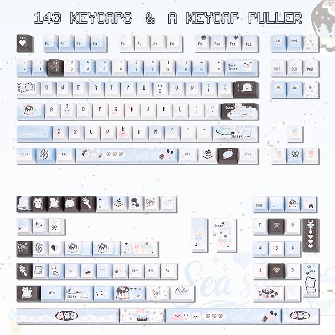 Cherry Profile PBT Keycaps - Cute Cat Keycaps, 145 Keys Blue White, Kawaii Anime Custom Keycap Set for US UK Layout Mechanical Keyboards with Key Puller（Pixel Art Style）