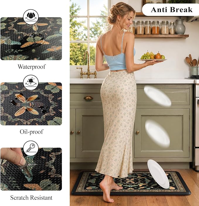 KIMODE Kitchen Mats for Floor 2 Piece Cushioned Anti Fatigue Kitchen Rugs | 17 x29+17"x47", Black,Vintage Butterfly,Non Slip Waterproof,Memory Foam,Standing Mats,for Laundry Sink Office Home Decor