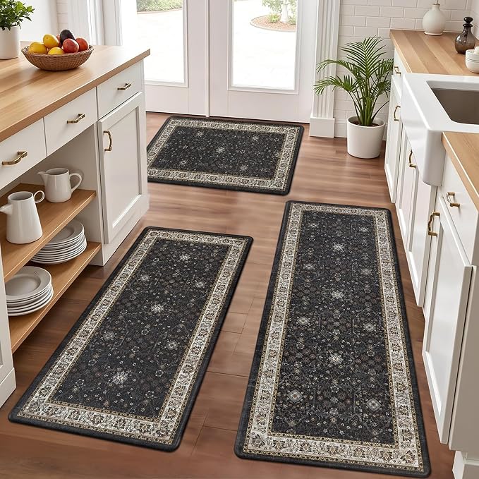 Pauwer Anti Fatigue Kitchen Floor Mats Set of 3, Cushioned Rugs, Black | Non Slip Comfort Standing Mat, PVC Foam Padded Kitchen Rugs, Waterproof Sink Rug for Small Kitchen Area, Laundry Room