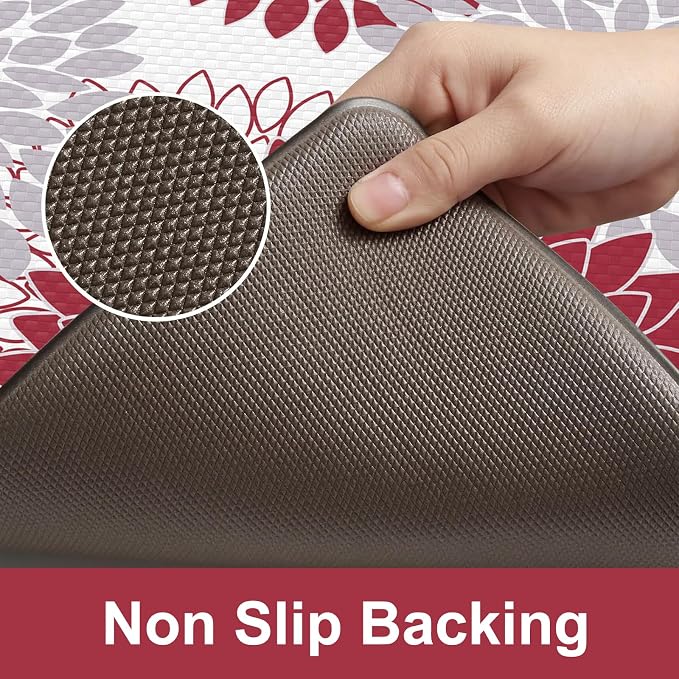 KIMODE Half Circle Anti Fatigue Mats for Kitchen Floor Rug Sets of 2 | 18"x28+18"x47",Red,Half Round,2PCS,Dahlia Floral Boho,Non Slip,Waterproof,for Sink Office Laundry Bathroom Decor