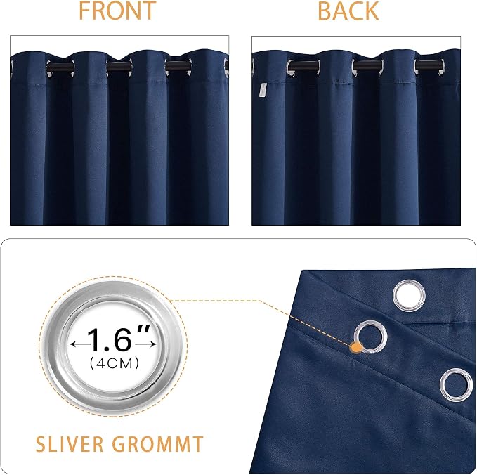 RYB HOME Soundproof Blackout Energy Effeciency 3-in-1 Curtain Set with Notoxic Detachable Liner for Home Office Theater Privacy Seperating Drapes, Navy Blue, W 52 x L 95 inches, 2 Pcs