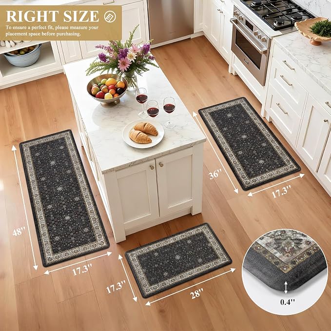 Pauwer Anti Fatigue Kitchen Floor Mats Set of 3, Cushioned Rugs, Black | Non Slip Comfort Standing Mat, PVC Foam Padded Kitchen Rugs, Waterproof Sink Rug for Small Kitchen Area, Laundry Room