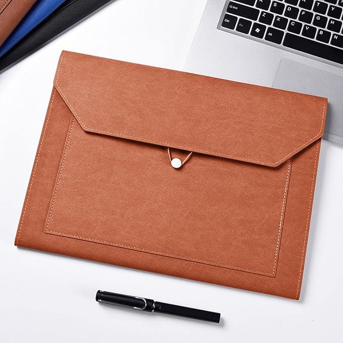 PU Leather A4 File Folder Document Holder 2 Pockets Portfolio Envelope Folder Case with Elastic String 3/4 Inch Expansion (Black&Brown)