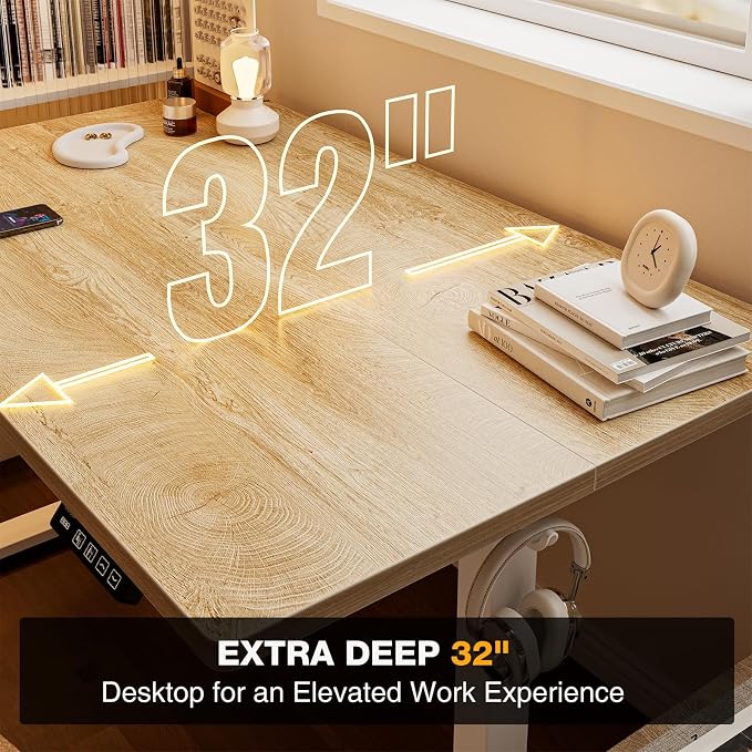 Grandder 63x32 Large Electric Standing Desk, Height Adjustable Computer Desk with 2 Memory Presets, 31.5" Deep Desktop Sit Stand Desk Home Office Desk Workstation Table with Hooks, Oak