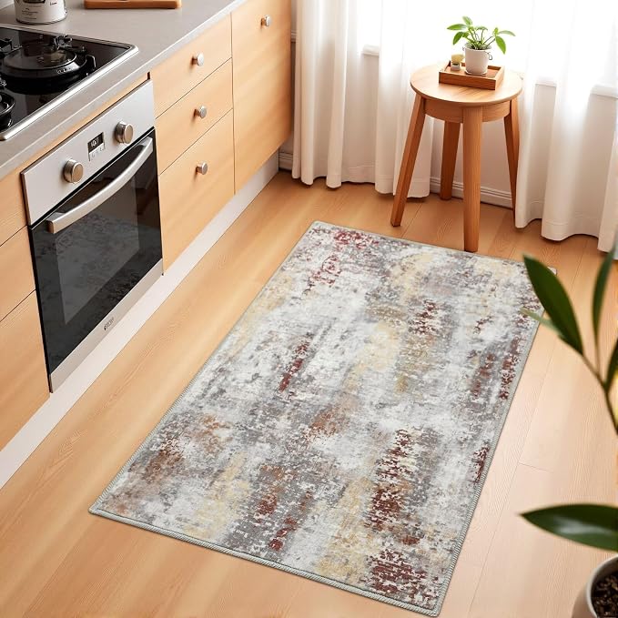 Macgace Washable Abstract Rug, 2x3 Small Modern Area Rugs with Non-Slip Rubber Backed for Kitchen, Thin but Soft Throw Carpet Bedroom Entryway Front Door Decor, Rusty Brown