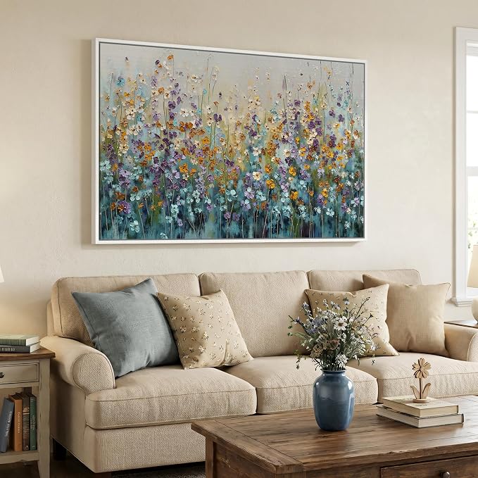 Framed Abstract Floral Wall Art, Blue Purple Green Flower Landscape Canvas Painting Prints, Modern Farmhouse Nature Colorful Wildflower Abstract Botanical for Living Room Bedroom Kitchen Decor, 24x36