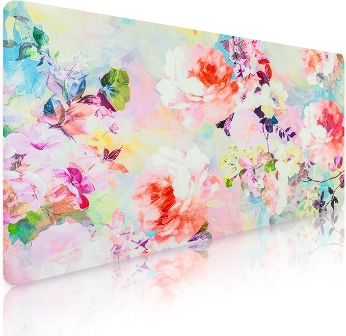 Pink Floral Desk Mat for Desktop, Women Girls Pink Mouse Pad Large, Desk Decor for Women, Desk Protector Mouse Pads for School Office Home/31.5" X 15.7"