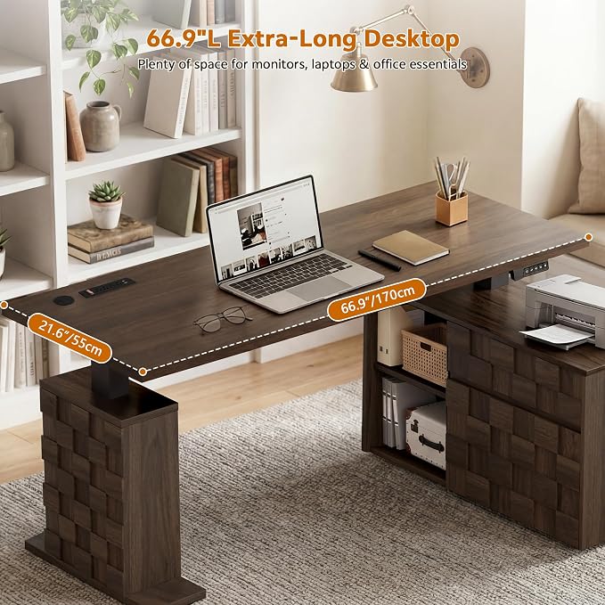 67" L Shaped Standing Desk with Drawers, Electric Height Adjustable Corner Desk, Sit Stand Office Desk with 4 AC Outlets & Type C Port, Executive Computer Desk with Cabinet, Brown