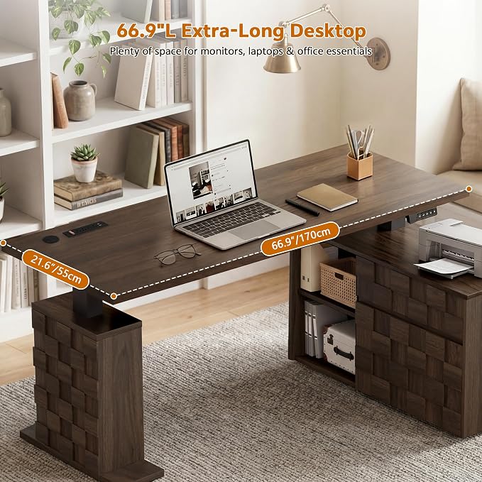 67" L Shaped Standing Desk with Drawers, Electric Height Adjustable Corner Desk, Sit Stand Office Desk with 4 AC Outlets & Type C Port, Executive Computer Desk with Cabinet, Brown
