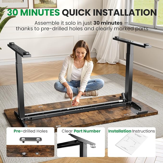 Electric Standing Desk Adjustable - 63x30 Inch Sit Stand Desk with 1 Inch Thick Tabletop, Double Beam Frame, 3 Memory Height Adjustment, Cable Management for Home Office