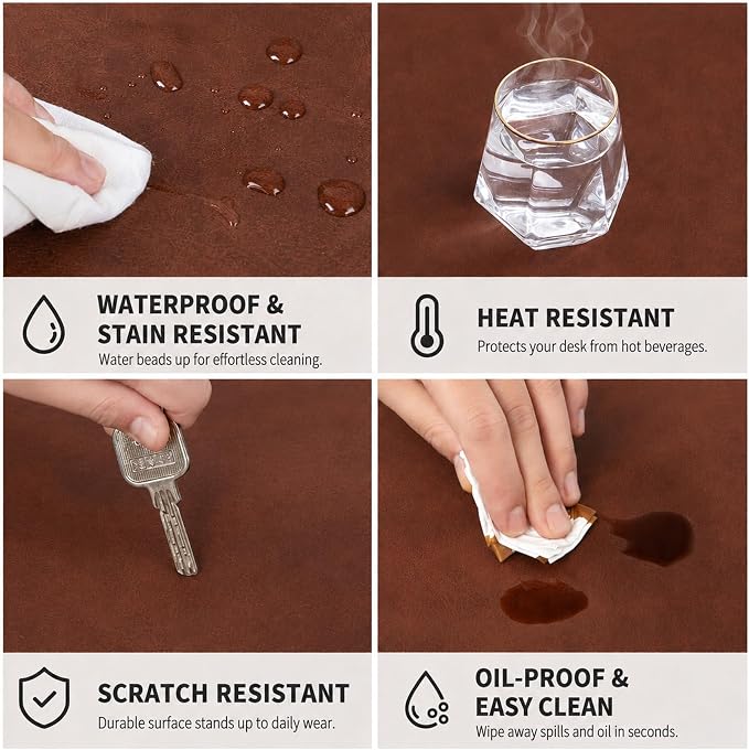 Leather Desk Mat & Mouse Pad - Desk Blotter Large 31.5X 15.8in | Desk Pad Protector for Office Desk, Non-Slip Waterproof PU Leather Desk Blotter & Writing Pad, Red Brown
