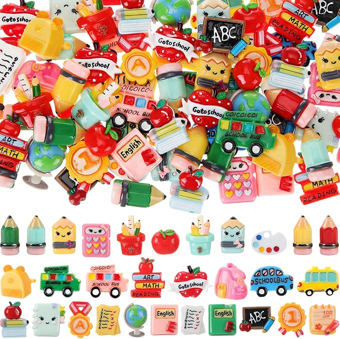 Giegxin 40 Pcs Back to School Resin Charm Pencil Book Blackboard Flatback Cabochon Accessories Cute Embellishments Bulk for Jewelry Cellphone Case Scrapbooking Headband Photo Frame DIY Craft Making