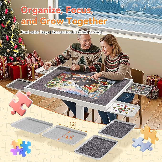 JYLH JOYSEEKR 1500 Pcs Puzzle Table with 4 Drawers, 33.8"×25.8" Metal Frame | 90° Tilt & Height Adjustable Jigsaw Puzzle Board on Wheels & Cover, Drafting Desk, Gift for Adults, Puzzle Lover, White