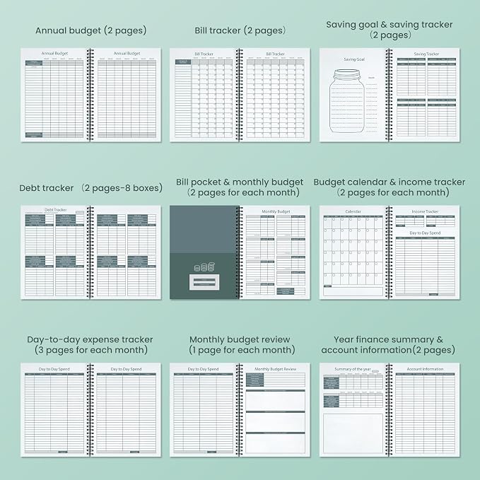 Monthly Budget Planner Book (Undated) with 12 Pockets for Income, Debt, Saving, Expense and Bill Tracker Organizer, Financial Planner for Men and Women, Dark Green, Spiral Design