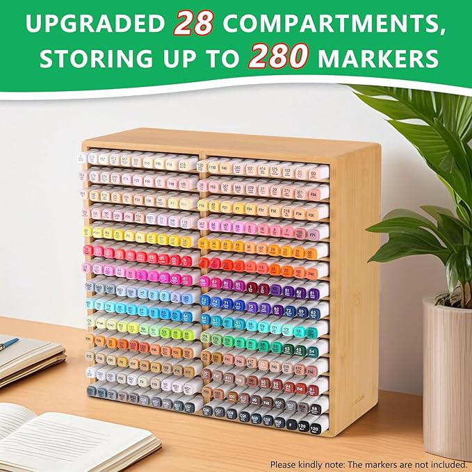 walowalo Bamboo Marker Organizer for 280 Markers Christmas Gifts Durable Pencil Holder Desk Storage Large for Artists Teachers Students Classroom Birthday Gifts No Assembly Required 28-Compartments