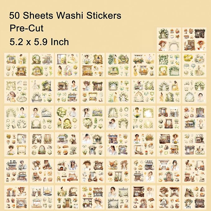 YagCu Garden Journal Sticker Book, 50 Sheets Washi Junk Journaling Sticker, Scrapbook Supplies, Watercolor Scrapbooking for Adults, Yellow Decorative Ephemera Arts Craft