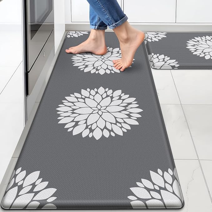 2PCS Kitchen Mats for Floor, Anti Fatigue Non-slip Water Resistant Grey Rug | Soft Kitchen Rugs for Home, Cushioned Standing Desk Mat, Comfort Mat for Office, Sink, Laundry, 17.3" x 47" + 17.3" x 30"