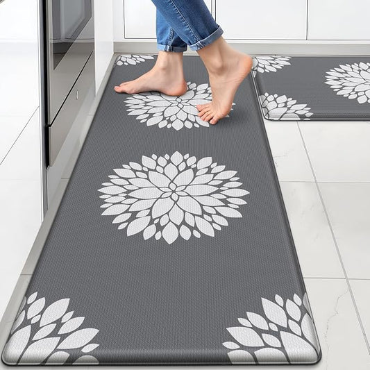 2PCS Kitchen Mats for Floor, Anti Fatigue Non-slip Water Resistant Grey Rug | Soft Kitchen Rugs for Home, Cushioned Standing Desk Mat, Comfort Mat for Office, Sink, Laundry, 17.3" x 47" + 17.3" x 30"
