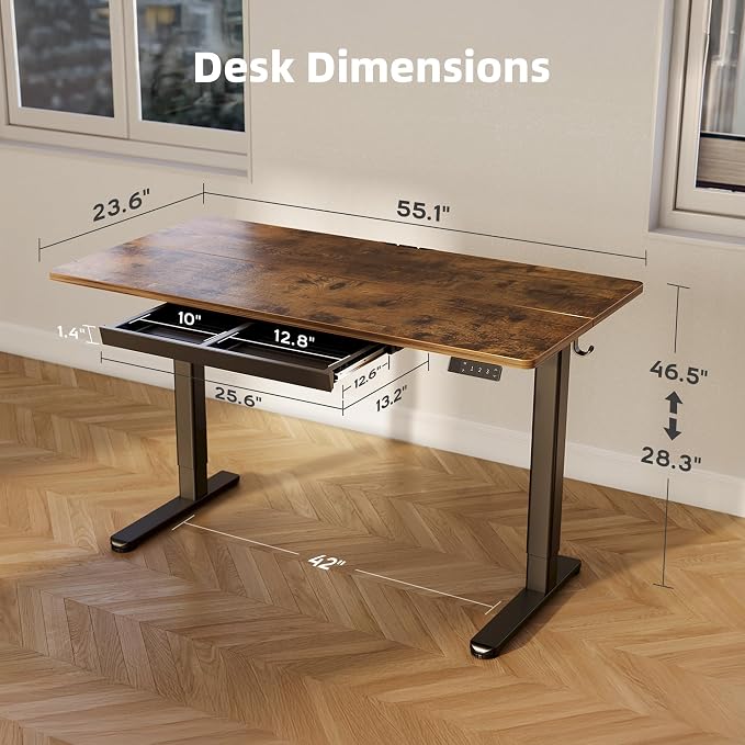 YDN Electric Standing Desk 55 x 24 Inch with Drawer Rustic Brown | 25.6 x 12.6 inch drawer with 11 lbs capacity, 28.3 to 46.5 inch height range, 176 lbs steel frame,45dB motor