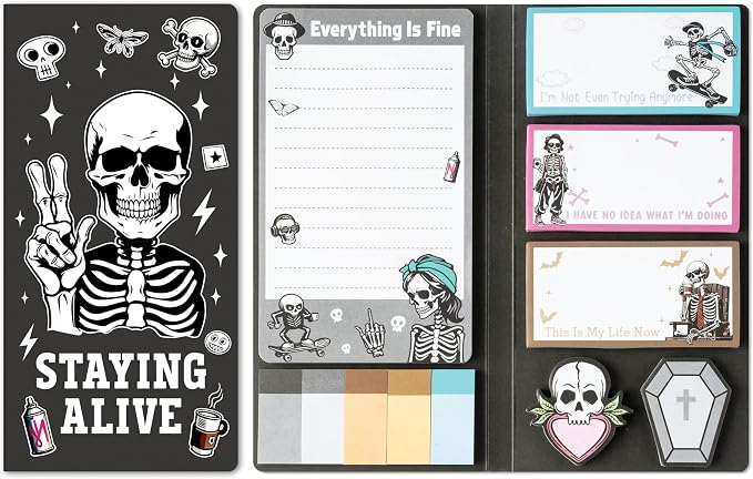 B1ykin Cute Sticky Notes Set - Stay Alive Skeleton Shaped Self-Stick Notes Pad, 550 Sheets Writing Memo Pages Sticky Notepad for Teacher Appreciation Gifts, School Office Supplies (Funny Skeleton)