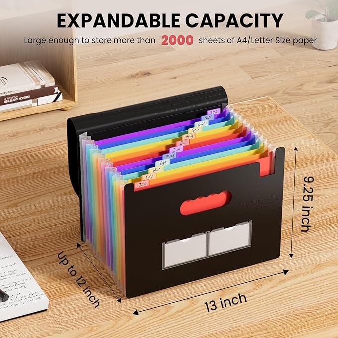 Sooez Accordion File Organizer, 13 Pockets Expanding File Folders, Portable Monthly Paper Bill Tax Receipt Organizer, Letter A4 Size Document Holder with Blank Labels