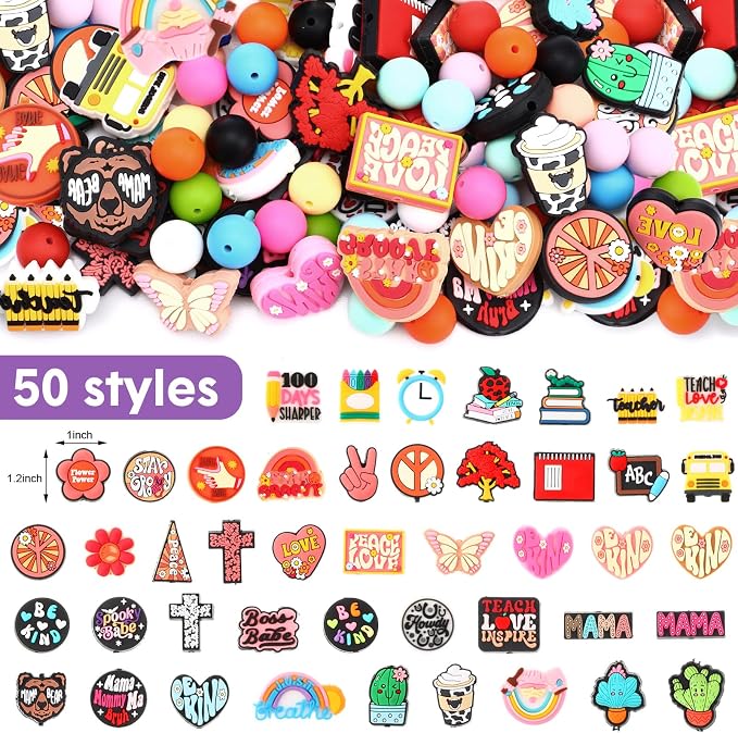 Humyoun 122 Pcs Beadable Pen Kit for DIY Pens Making Back to School Supplies with 12 Beaded Pens 110 Silicone Focal Beads, Black Ink Pen Gift for School Office Students Classroom(Bright Style)