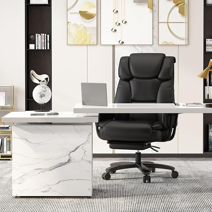 GYI 160 Reclining Office Chair with Footrest, Big & Tall Desk Chair, Black | Cross Legged Seat, High Back, Faux Leather, Heavy Duty Base, Adjustable Height, for Home, Executive
