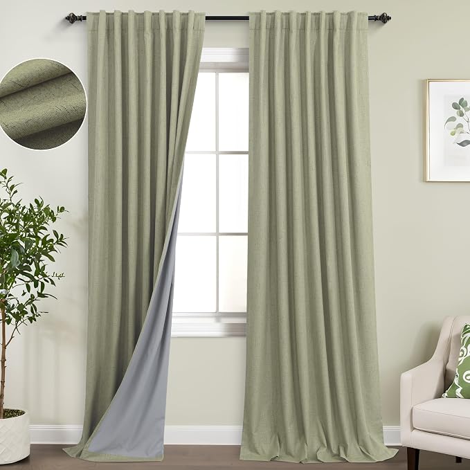 KOUFALL Sage Green Blackout Curtains 96 Inches Long,Linen Back Tab Cottagecore Curtains for Bedroom Living Room 2 Panels Set