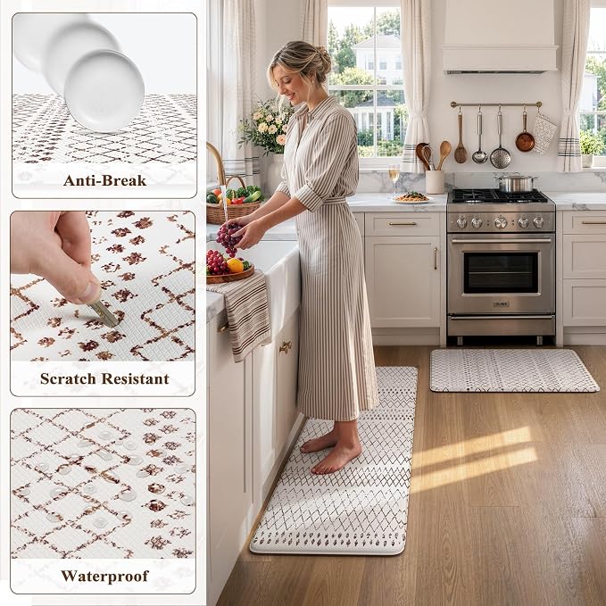 KIMODE Kitchen Mats 2PCS Cushioned Anti Fatigue Boho Kitchen Rugs and Mats Non Slip Waterproof Kitchen Mats for Floor Comfort Foam Standing Desk Mat for Home Office Sink Laundry Brown and White Decor