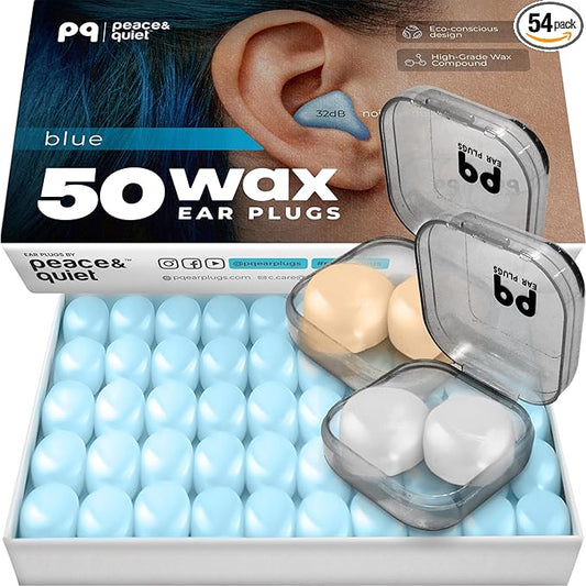 Peace&Quiet PQ Wax Ear Plugs for Sleeping, Swimming - 54 Noise Cancelling Silicone Gel Wax Earplugs, Ear Protection for Sleep and Swim, Soft Pillows with Sound Blocking Level 32Db, (54 Pillows)