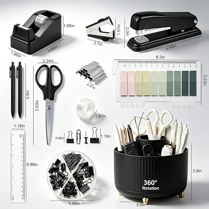 Office Supplies Rotating Pen Holder for Desk with Stapler Staple Remover, Tape Dispenser, Tape Refills, Binder Paper Clips Kit, Scissor,Pen, Ruler & Sticky Tabs,White Office School Supplies(Black)