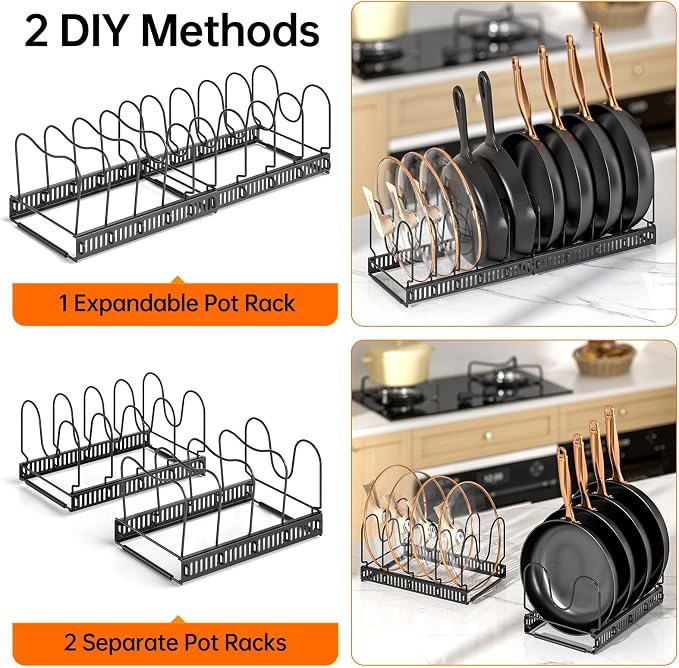 MUDEELA Expandable Pot Pan Lid Organizers inside Cabinet, 10 Divider-Black | Expandable 11.8–22.9", 10 Adjustable Divider, Tool-Free Assembly, Non-Slip, Scratch-Proof, For Pan Lid Cutting Board Bakeware
