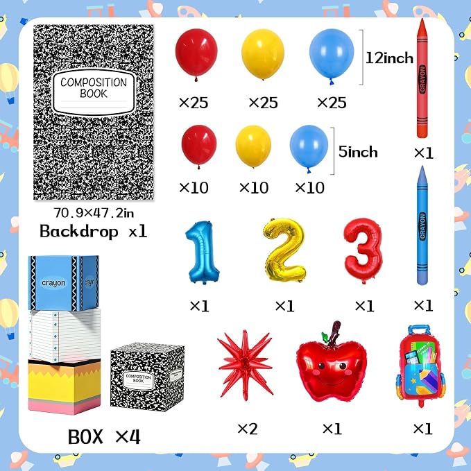 Back To School Decorations, Back to School Balloon Arch Kit with Composition Notebook Classroom Decor Backdrop Abc Boxes and Inflatable Pencils and Crayons for First Day of School Party Supplies