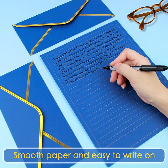 J6&H6 Gold Thread Stationary Paper and Envelopes Set Including 12 Standard Sized Phnom Penh Envelopes and 24 Sheets of Lined Paper Suitable for Daily Emotional Expression Formal Communication(Blue)