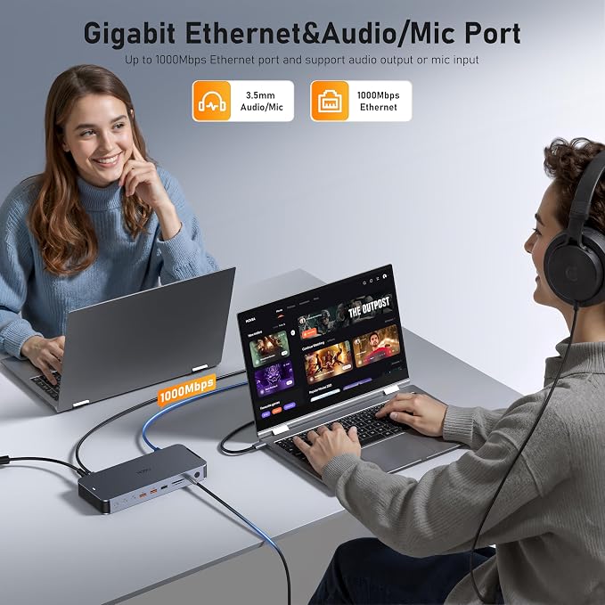 Laptop Docking Station with 120W Power Adapter,18 in 1 USB C Docking Station Dual Monitor,USB C HUB with 2HDMI+DP,10Gbps USB-A/C Ports,Ethernet,SD/TF, Audio,Screen Off Button,USB C Dock for Dell,HP