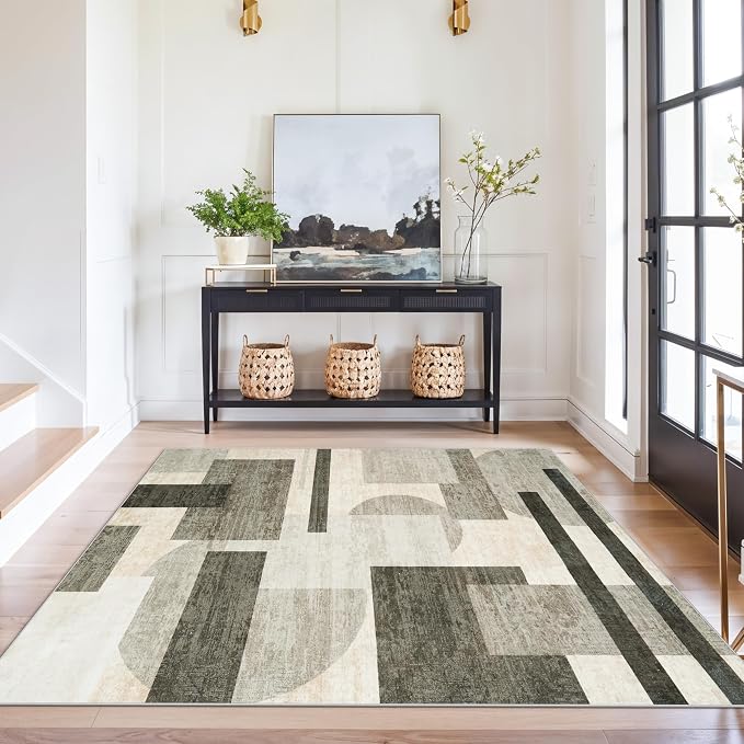 4x5 Washable Entryway Office Rug: Mid Century Modern Area Rugs Geometric Non Slip Soft Low Pile Indoor Carpet for Living Room Bedroom Kitchen Bathroom Entrance (Beige/Olive Green/Gray, 4X5)