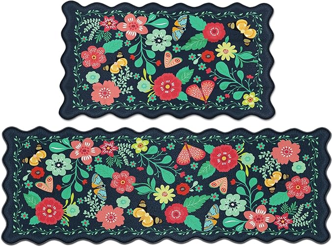 Scalloped Kitchen Mats for Floor 2PC Cushioned Anti Fatigue Kitchen Mats Rugs Waterproof Non Slip Farmhouse Boho Floral Comfort Foam Standing Mat for Sink Laundry, Navy