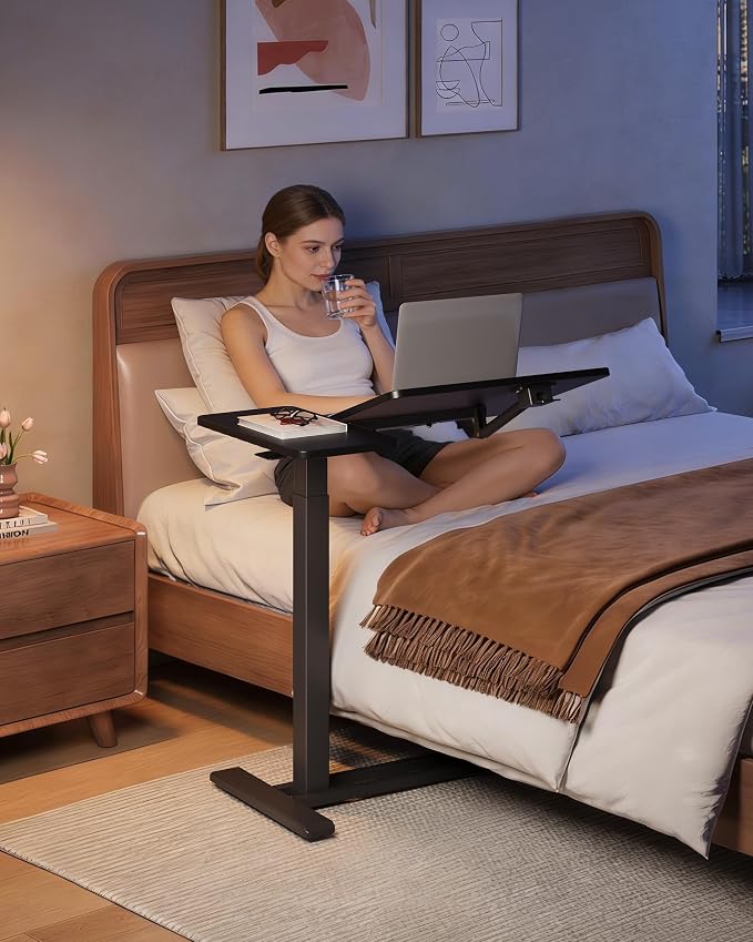 SANODESK 28''Overbed Table Gas Spring Lifting with Wheels&Tilting Desktop | Rolling Mobile Laptop Desk End Table,Portable Computer Workstation for Home Office,Sofa,Bedside,27.6" W x 15.7" D, Black
