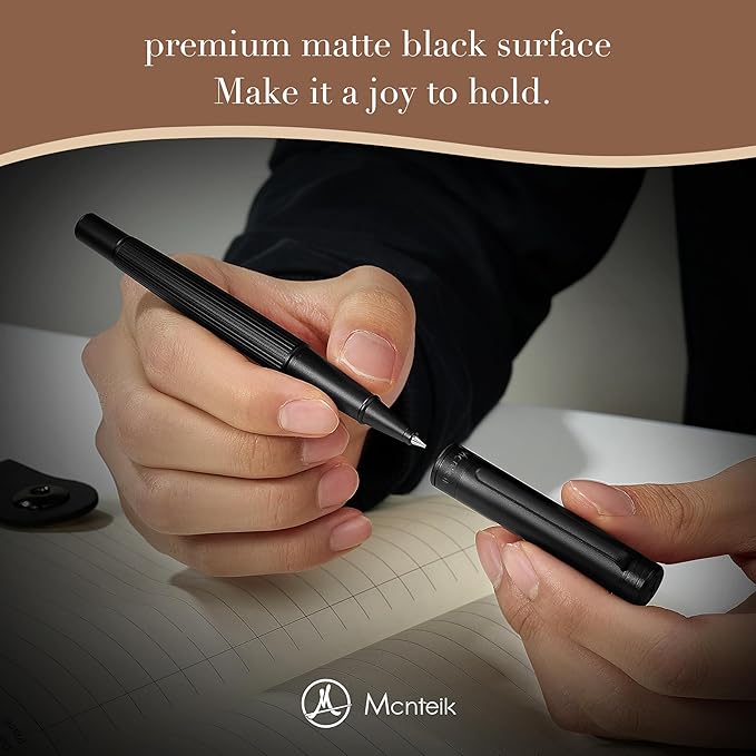 Matte Black Rollerball Pen, Distinctive Vertical Grooving Design, Luxury Pen with Schmidt Black Refill, Prefect Pen Gift Set for Men & Women, Business Signature, Refillable, Office, Nice Pens