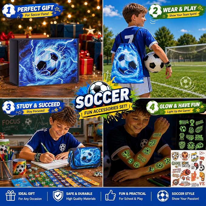 DIGOBAY 61PCS Soccer School Supplies Set for kid Boys, Teen Back to School stationery Supplies with Pencil Case Drawstring Bag Spiral Notebooks Pens Pencils Tattoos Wristbands Gift Box